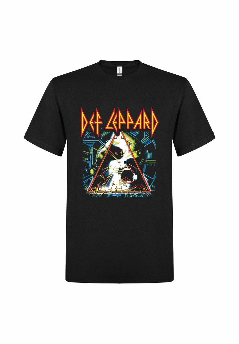 Černé bavlněné tričko s barevným grafickým motivem divoké kočky uvnitř trojúhelníku, doplněné textem „DEF LEPPARD“ v tučných červených písmenech.