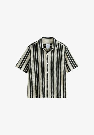 Kortärmelig overhemd met een crèmekleurige basis en zwarte verticale strepen, een knoopsluiting aan de voorkant en een lichte geweven textuur.