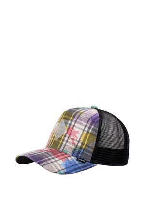 Czapka trucker z wielokolorową kraciastą wzorem, czarną siateczkową tylnią częścią i płaskim daszkiem. Zawiera naszywkę z logo z przodu.