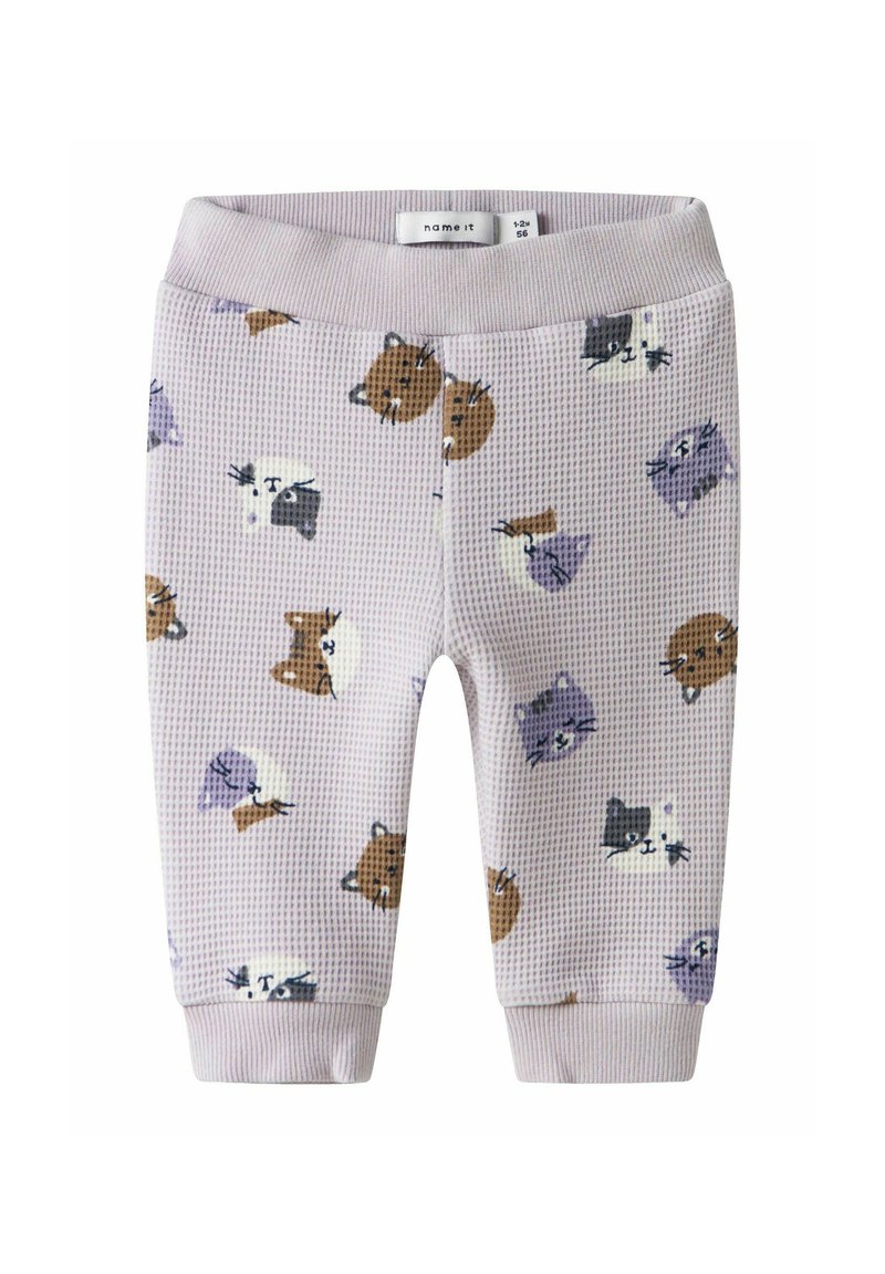 Joggers tissés de couleur lilas clair, dotés d'un motif texturé avec des visages d'animaux colorés, une taille élastique et des poignets ajustés.
