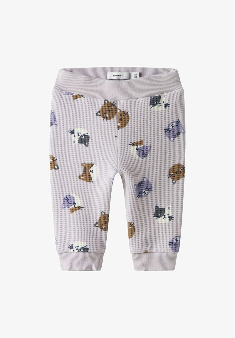 Joggers tissés de couleur lilas clair, dotés d'un motif texturé avec des visages d'animaux colorés, une taille élastique et des poignets ajustés.