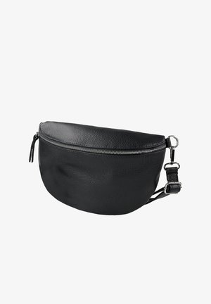 Schwarze Lederhandtasche mit abgerundeter Form, ausgestattet mit einem Reißverschluss und einem verstellbaren Tragegurt. Texturierte Oberfläche mit genoppter Verarbeitung.