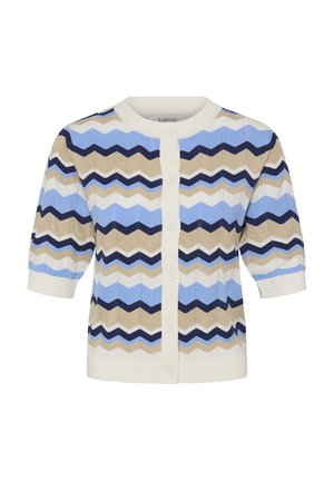 Pletena vestica s plavim, bež i tamnoplavim cik-cak uzorkom; kratki rukavi; okrugli izrez; kopčanje naprijed na gumbe; rebrasta tekstura.