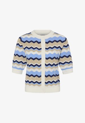 Pletený kardigán s modrým, béžovým a námorníckym cikcak vzorom; krátke rukávy; okrúhly výstrih; zapínanie na gombíky vpredu; rebrovaná textúra.