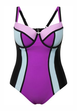 Purple, light blue, and black one-piece swimsuit with molded cups, adjustable straps, and color-block design. Features contrast piping.