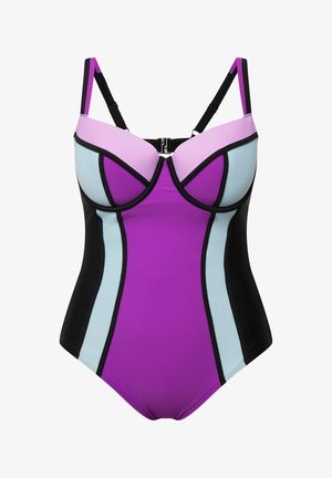Lila, hellblaue und schwarze Einteilige Badeanzug mit geformten Cups, verstellbaren Trägern und Farbblockdesign. Mit kontrastierenden Paspeln.