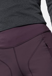 Grå långärmad topp ovanför vinröda tajta leggings. Leggingsen har sömdetaljer och ett litet blixtlåsfick på sidan. Slät textur.