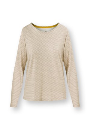 Langarmshirt in hellbeige mit einem strukturierten Muster. Rundhalsausschnitt mit kontrastierendem gelben Besatz. Weicher Stoff, lockere Passform.