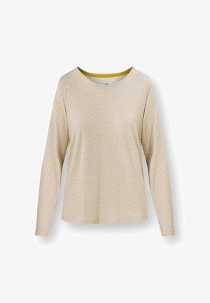 Lange mouwen top in licht beige met een textuurpatroon. Ronde halslijn met contrasterende gele biezing. Zachte stof, relaxte pasvorm.