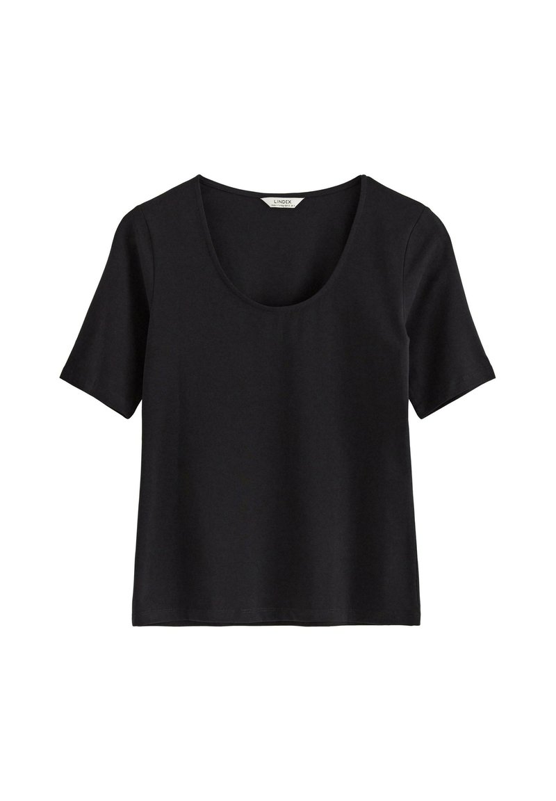 Svart kortärmad t-shirt med rundad halsringning. Tillverkad av mjukt tyg med slät textur. Har en rak nederkant utan dekorationer.