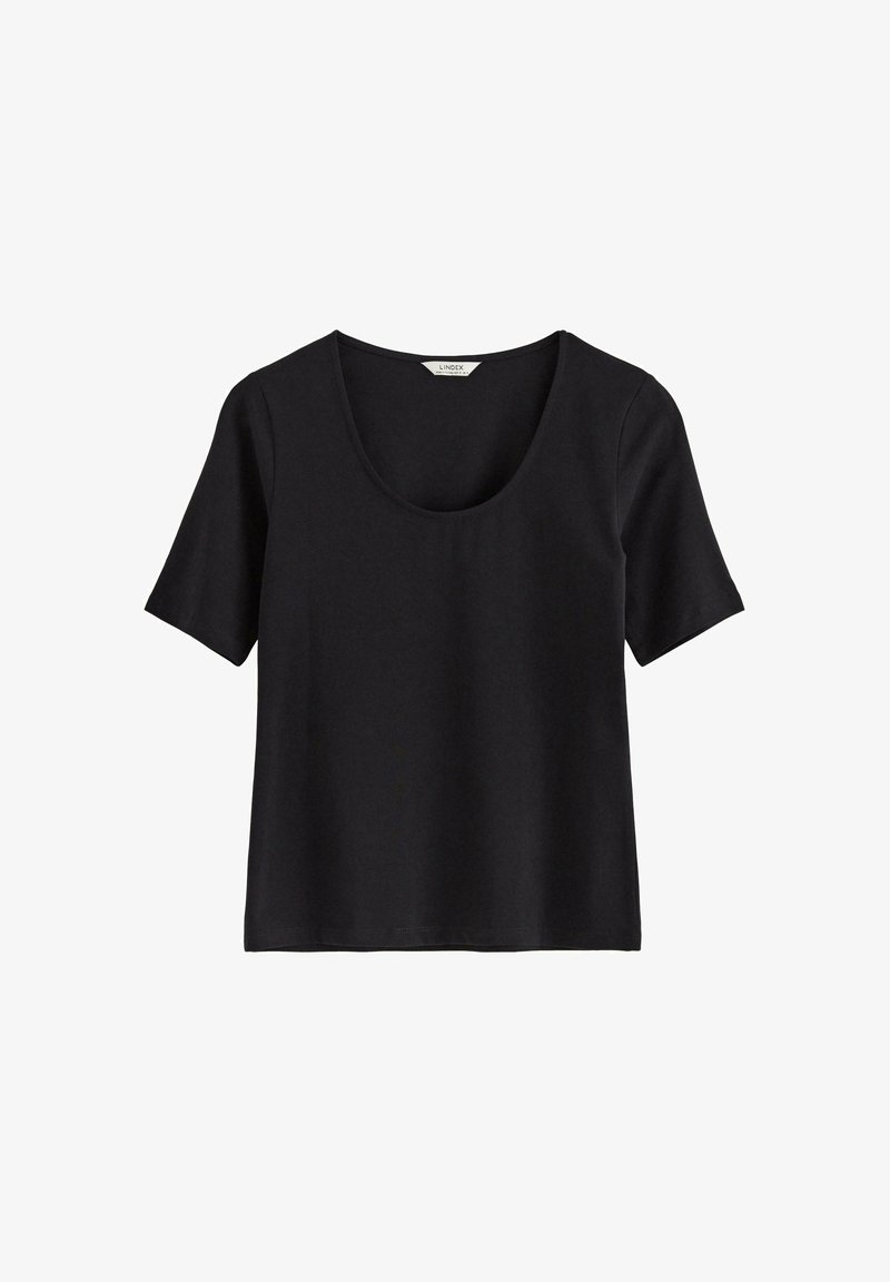 Czarna koszulka z krótkim rękawem z okrągłym dekoltem. Wykonana z miękkiego materiału o gładkiej fakturze. Posiada prosty dół bez ozdób.