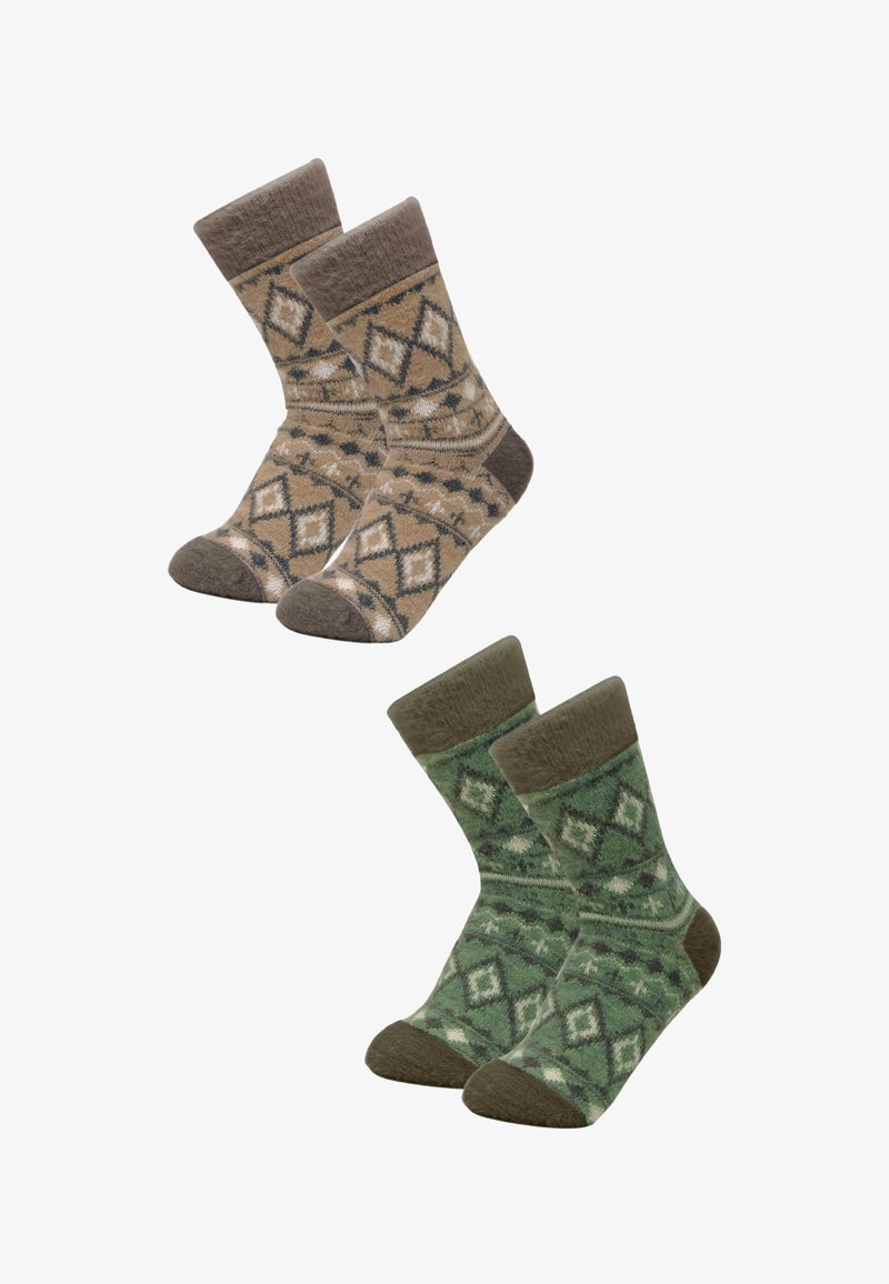 Calzettoni lavorati a maglia in tonalità crema e verde, con motivi a rombi. Entrambe le paia presentano polsini e punte marroni a contrasto, che mettono in risalto la texture e il design.