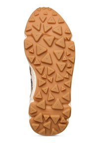 Gumová podrážka s drsným vzorem tvořeným trojúhelníky v hnědé barvě. Obsahuje zesílenou patu a hladký bílý okraj. Odolný design pro zajištění trakce.