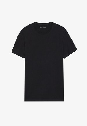 Black cotton t-shirt with short sleeves and a round neckline. The fabric has a smooth texture and a simple, solid design.