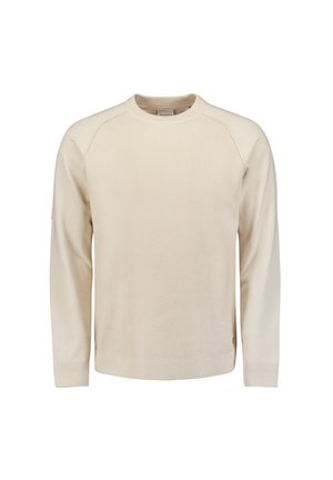 Cream-colored sweater with a ribbed texture, round neckline, and long sleeves. Features a subtle logo on the left sleeve.