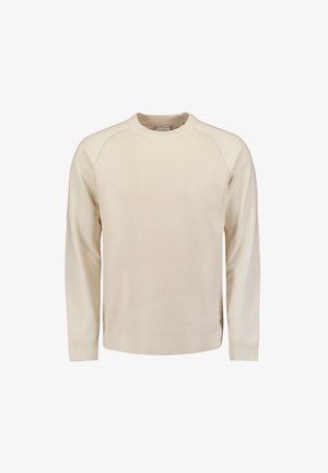 Cremfarbener Pullover mit gerippter Textur, rundem Halsausschnitt und langen Ärmeln. Verfügt über ein dezentes Logo auf dem linken Ärmel.