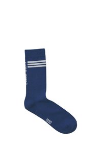Marineblauwe sportsocken met witte strepen, geribbelde manchet en kleine tekst; heeft het jaar "1990" gedrukt op de teen.