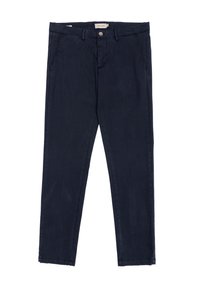 Chino blu navy in cotone, dotati di due tasche frontali, chiusura con bottone e design a gamba dritta. Tessuto morbido con dettagli minimi.