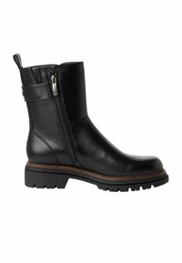 Bottine en cuir noir avec une fermeture éclair sur le côté, semelle robuste et couture décorative le long des coutures. Bout arrondi et petit talon empilé.