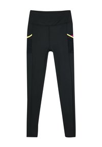 Zwarte sportleggings met een hoge tailleband, voorzien van zijzakken accentueerd met gele en roze strepen. Vette textuur en rekbaar materiaal.