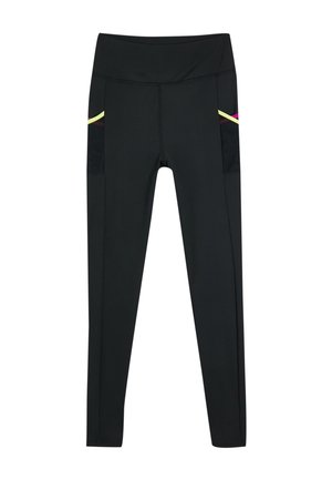 Leggings deportivas negras con una cintura alta, que cuentan con bolsillos laterales acentuados con rayas amarillas y rosas. Textura suave, material elástico.