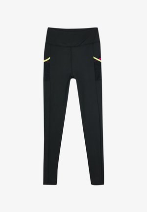 Leggings de sport noirs avec une taille haute, dotés de poches latérales accentuées de rayures jaunes et roses. Texture lisse, matériau extensible.