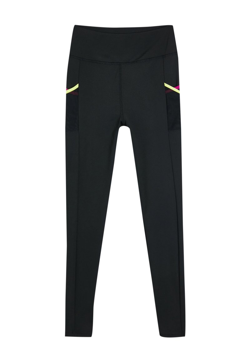 Zwarte sportleggings met een hoge tailleband, voorzien van zijzakken accentueerd met gele en roze strepen. Vette textuur en rekbaar materiaal.