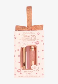 Pillow Talk Glossy Lip Kit in una scatola rosa con accenti dorati. Contiene una matita per labbra e un lucidalabbra, decorato con un fiocco glitterato color oro rosa.