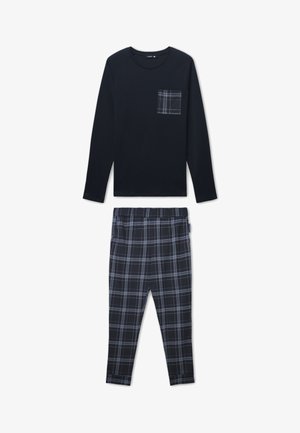 Maglietta a maniche lunghe blu navy con taschino a scacchi abbinata a pantaloni da pigiama a quadri in tonalità di blu navy e azzurro chiaro. Finitura in tessuto morbido.