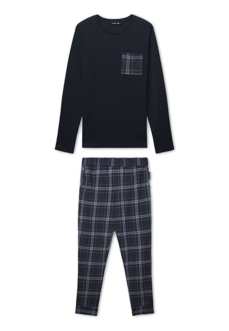 Maglietta a maniche lunghe blu navy con taschino a scacchi abbinata a pantaloni da pigiama a quadri in tonalità di blu navy e azzurro chiaro. Finitura in tessuto morbido.