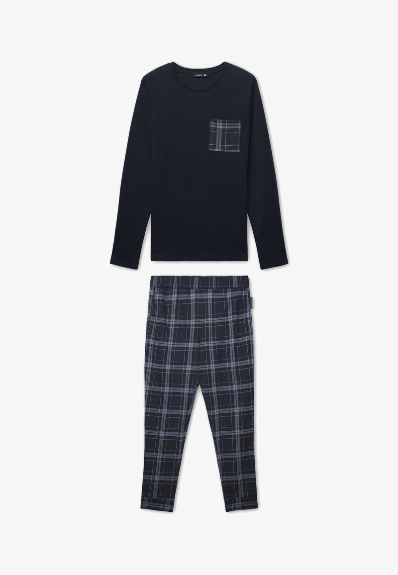 Maglietta a maniche lunghe blu navy con taschino a scacchi abbinata a pantaloni da pigiama a quadri in tonalità di blu navy e azzurro chiaro. Finitura in tessuto morbido.