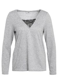 Graues Langarmoberteil mit V-Ausschnitt und gemustertem schwarzen Spitzen-Detail. Weiches Material mit lockerer Passform.
