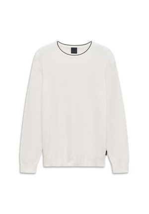 Schlichter weißer Langarm-Pullover mit Rundhalsausschnitt, gerippten Bündchen und Bund, mit kleinem schwarzem Markenlabel am Halsausschnitt.