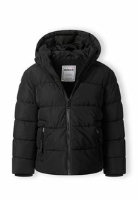 Giubbotto down nero con cappuccio, dotato di chiusura a zip frontale, due tasche laterali e un design trapuntato in materiale sintetico.