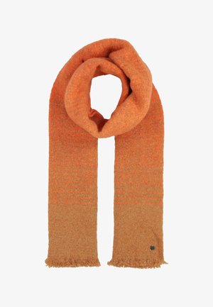 Oranž sall, millel on gradientefekt, mis üleminekud kirkast oranžist beežiks. Pehme tekstuur, franjeotstega ja väikese logo detailiga.