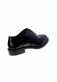 Scarpa oxford in pelle nera con finitura liscia, punta rotonda, dettagli perforati sulla parte anteriore e tacco basso impilato.