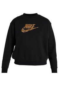 Svart sweatshirt i bomull med rund halsringning och ribbade ärmslut. Har ett leopardtryck med Nike-logotyp i orange och svart.