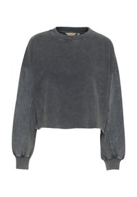 Tamsiai pilka, apkarpytas džemperis su ilgomis, šiek tiek pūstomis rankovėmis ir šoninėmis plyšiais. Pasirinktas tekstūruotas apdaila ir klasikinis apvalus kaklas.