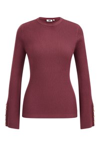 Ribbed maroon sweater with a round neckline and long sleeves. Features button accents at the cuffs. Textured fabric for added warmth.