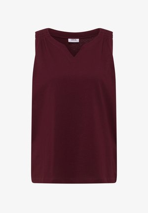 Bezrękawnik w ciemnym bordowym kolorze z dekoltem w kształcie liter V z wycięciem i elastycznymi marszczeniami na ramionach, z metką "CECIL" wewnątrz kołnierza.