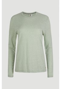 Light green long-sleeve shirt made of textured fabric, featuring a simple crew neckline and a subtle logo accent near the hem.
