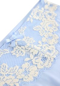 Lyseblå lingeri med blomsterlacet trim, en delikat tekstur, en lille bånd-detalje og en glat satinfinish.