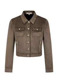 Veste brune en cuire retourné, cropped, avec un col, des boutons en argent, deux poches poitrine et une poche zippée sur le côté. Texture lisse.