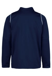 Mörkblå långärmad sportjacka med vit kant längs axelsömmarna, ståkrage, visad från baksidan mot en vit bakgrund.