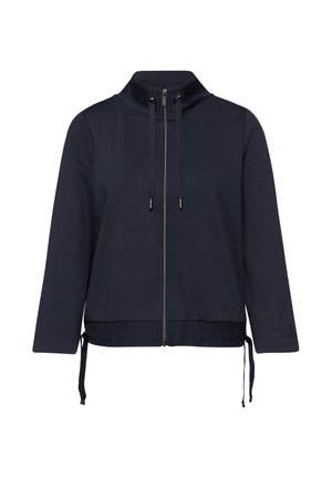 Marineblå lynlåstrøje med lange ærmer, høj krave, snore ved hals og kant, og en glat stofstruktur.