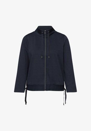 Veste zippée bleu marine à manches longues, col haut, cordons de serrage au niveau du cou et de l'ourlet, avec une texture de tissu lisse.