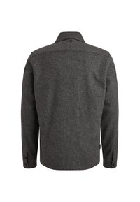 Dunkelgraues, wollgemischtes Hemd. Es hat einen Kragen, lange Ärmel mit knöpfbaren Manschetten und eine glatte, strukturierte Oberfläche. Rückansicht gezeigt.