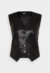 Czarna kamizelka z sztucznej skóry z dekoltem w kształcie litery V, sześcioma guzikami z przodu i dwoma bocznymi kieszeniami; gładka tekstura i dopasowany krój.