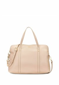 Beżowa skórzana torebka z podwójnymi uchwytami, odpinanym paskiem na ramię i złotymi akcentami. Gładka tekstura z subtelnymi detalami w szwie.