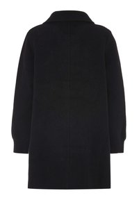 Cappotto di lana nero a maniche lunghe con taglio dritto e colletto semplice, mostrato da dietro su uno sfondo bianco.